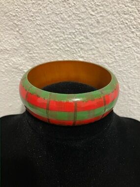 Vintage Red and Green Plaid Hand Painted Wooden 60s Bangle Bracelet